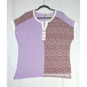 7th Roy Lavender Floral Cottagecore Pullover Button Short Sleeve Top Blouse XL